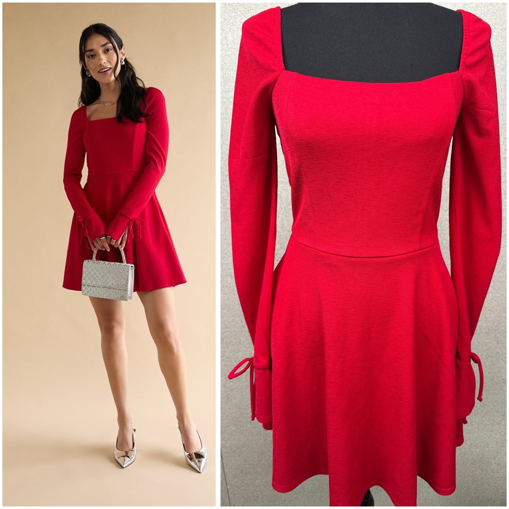 Francesca's Red Long Sleeve Square Neck Fit & Flare Mini Dress – NWT – Size‎ S